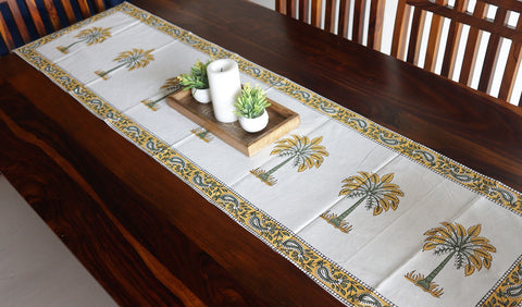 Vivid Garden Yellow and White Hand Block Print Table Runner - 16 x 50