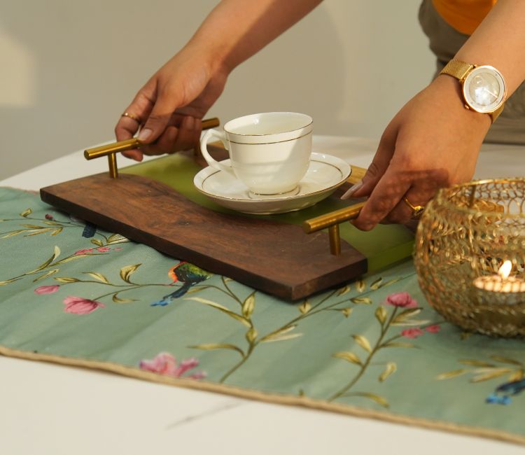 Bird on Branch Printed Cotton Table Runner (Teal, 13 x 72 Inches)