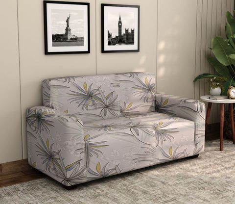 Cassia Floral Printed Polyester Spandex 2 Seater Sofa Cover (Beige)