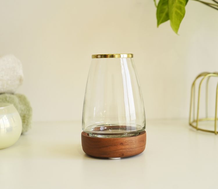Taya Designer Glass With Wood Tooth Brush Holder