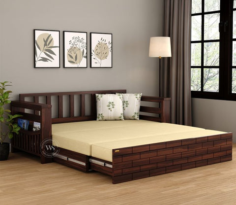 Sereta 3 Seater Sheesham Wood Sofa Cum Bed (King Size, Walnut Finish)