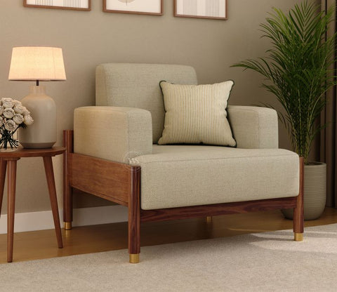 Kairav Modern 1 Seater Wooden Sofa with Premium Upholstery (Cottage Ivory)
