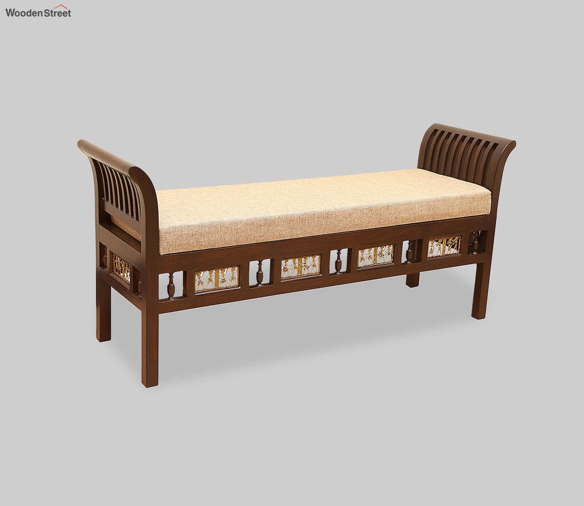 Myla-III Ottoman Cushioned Double Seater with Striped Wood Pattern in Walnut Finish