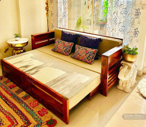 Feltro Sheesham Wood Sofa Bed With Storage (King Size, Honey Irish Cream)