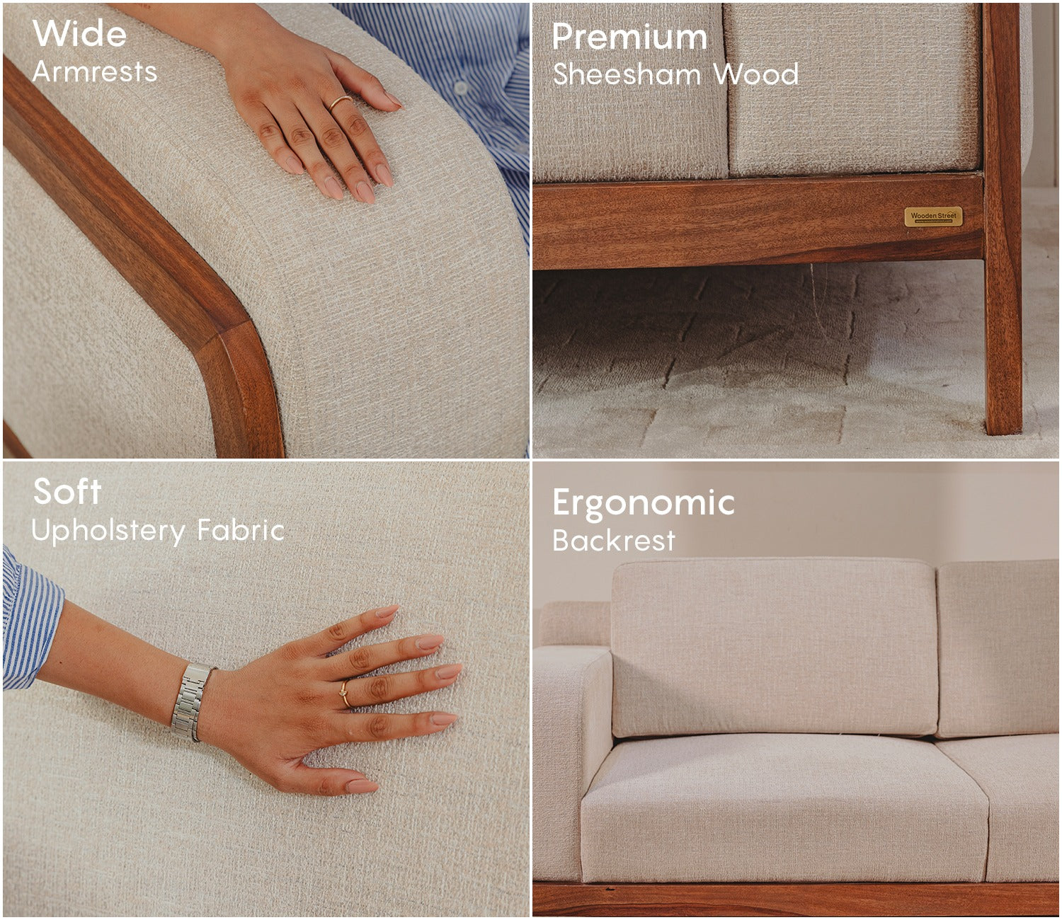 Maahir Contemporary Sofa with Wide Armrests and Wooden Accents (Cotton, Jade Ivory)