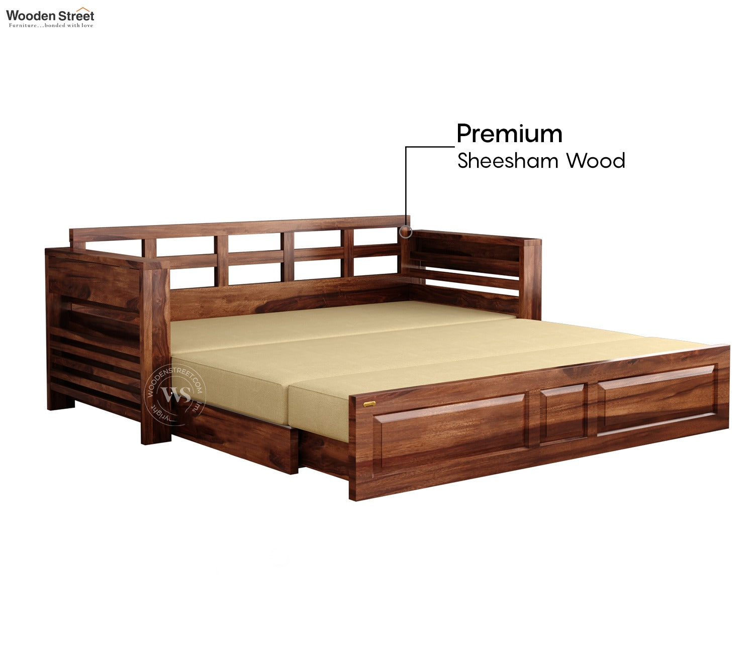 Feltro Sheesham Wood Sofa Bed With Storage (King Size, Honey Irish Cream)