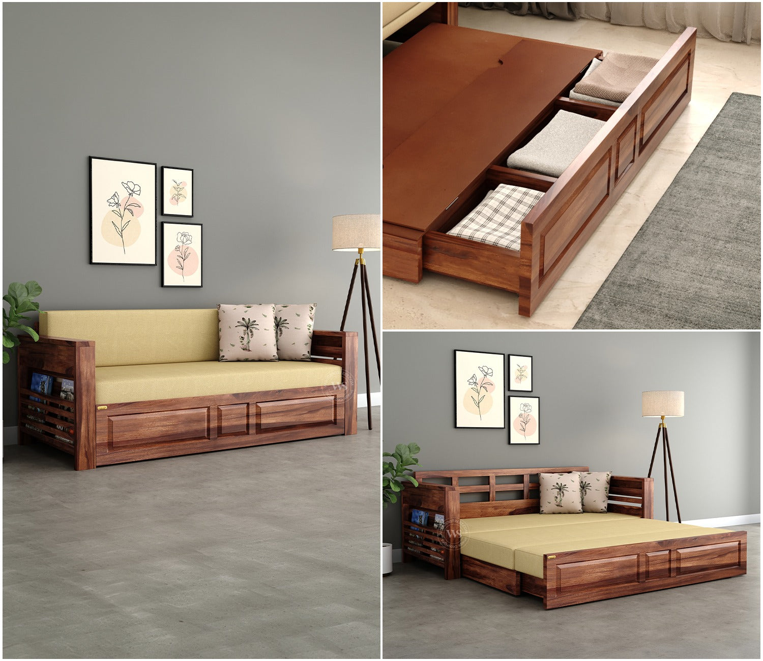 Feltro Sheesham Wood Sofa Bed With Storage (King Size, Honey Irish Cream)