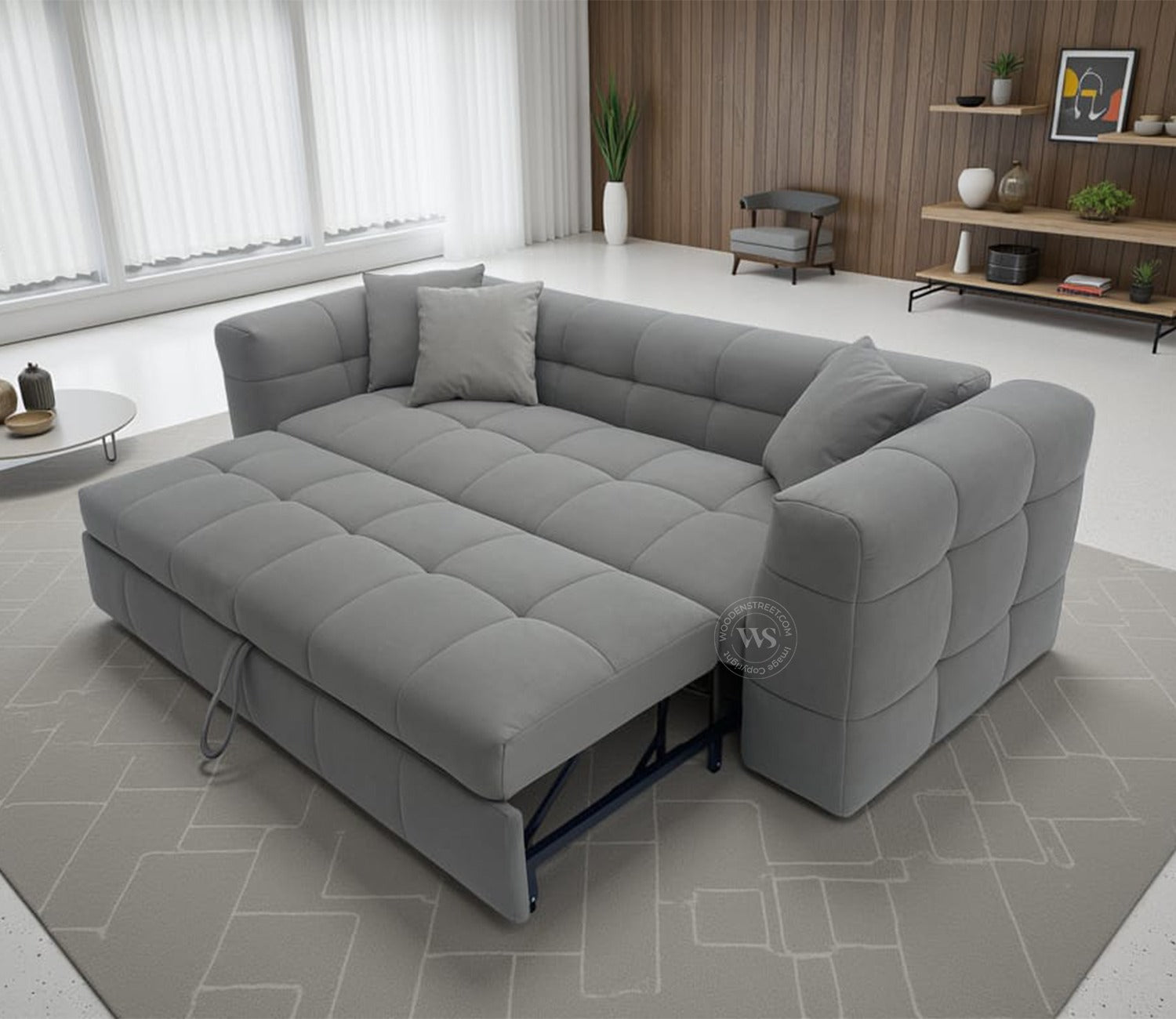 Cinnaro Modern Sofa Cum Bed with Pull Out Conversion and Tufted Design (Grey)