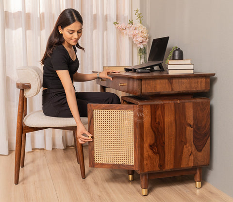 Kalam Modern Designer Sheesham Wood Study Table with Cane Accents & Drawer Storage (Teak Finish)