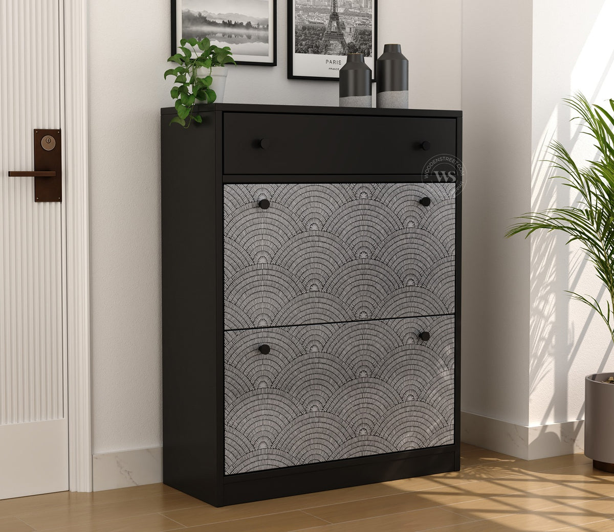 Kazen Engineered Wood Shoe Rack with Tilt Out Mechanism (Scallop Pattern)