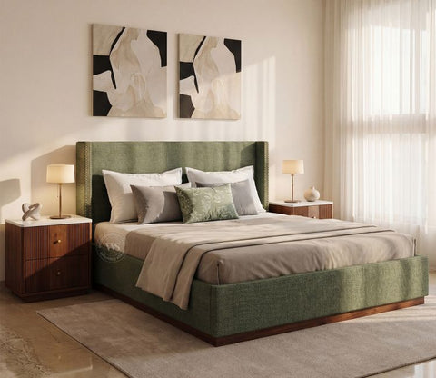 Kesarth Luxe Upholstered Hydraulic Storage Bed with High-Rise Headboard (Queen Size, Sage Green)