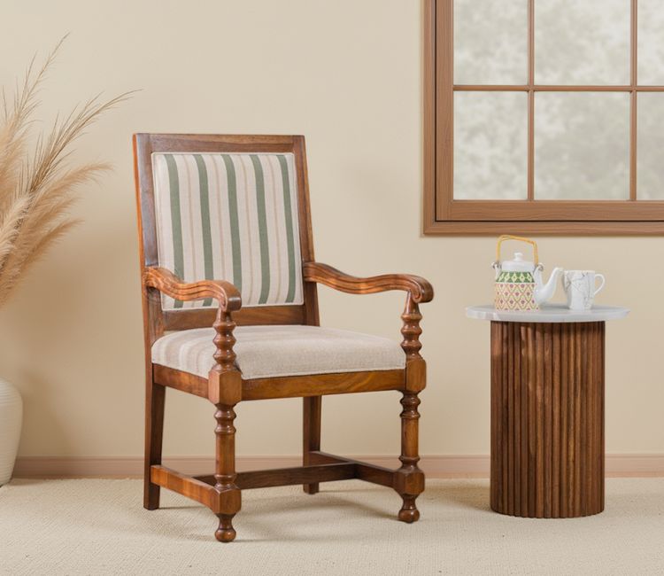 Udaya Sheesham Wood Arm Chair (Green Stripe, Teak finish)