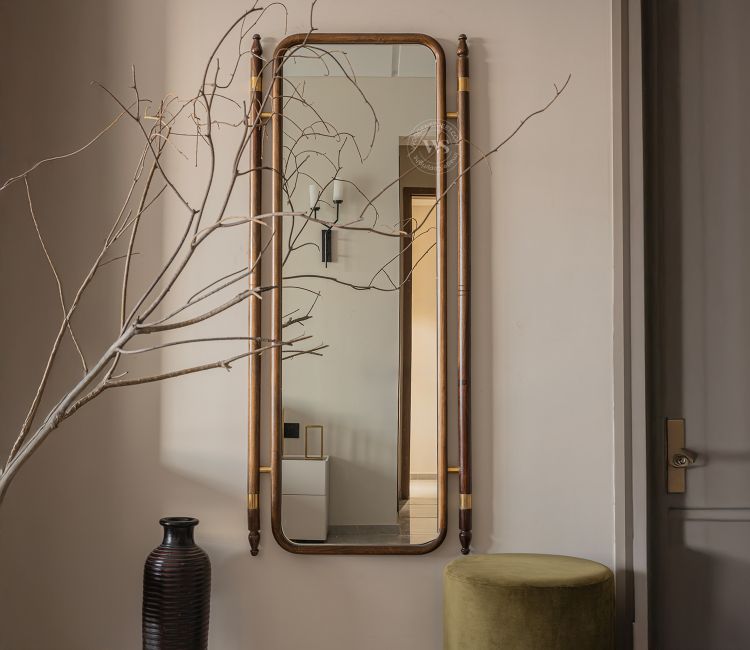 Skyler Antique Sheesham Wood Full Length Mirror With Brass Design (Walnut Finish)