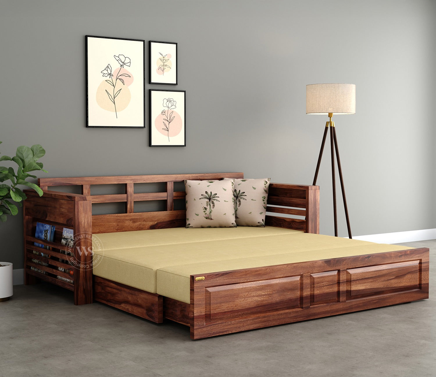 Feltro Sheesham Wood Sofa Bed With Storage (King Size, Honey Irish Cream)
