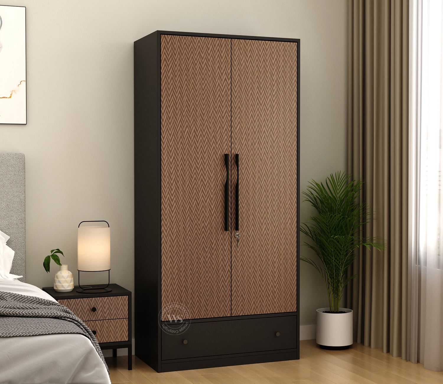 Avren Engineered Wood Wardrobe with Textured Front & Drawer Storage (Zigzag Brown)