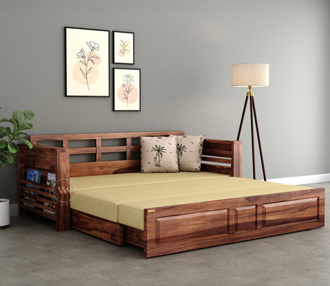 Feltro Sheesham Wood Sofa Bed With Storage (King Size, Honey Irish Cream)