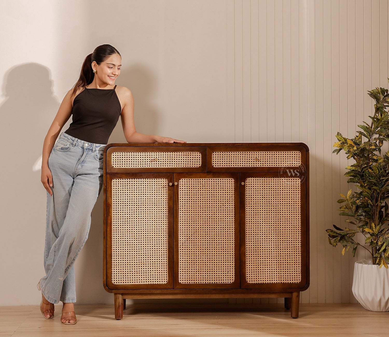 Dashlet Premium Solid Wood Shoe Cabinet With Cane Detailing (Mango Wood, Teak Finish)