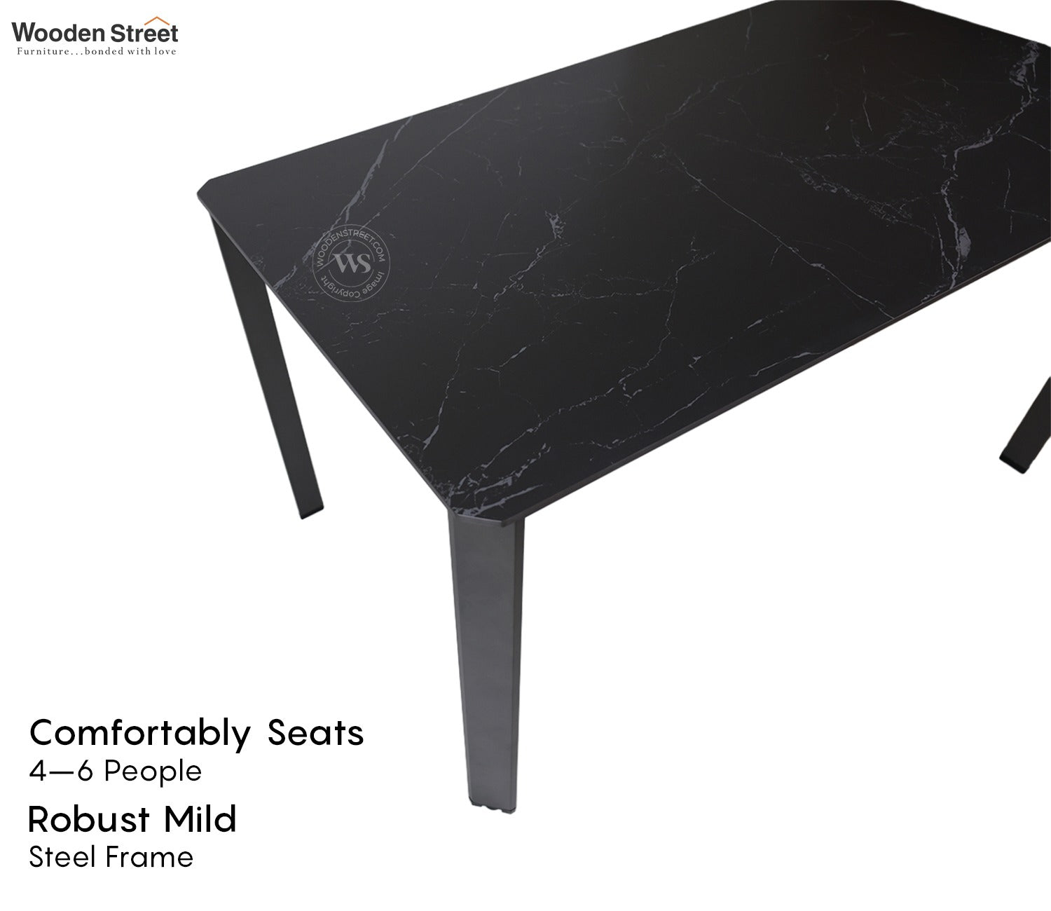 Aeris 6 Seater Modern Dining Table & Artificial Marble Top (Black Finish)