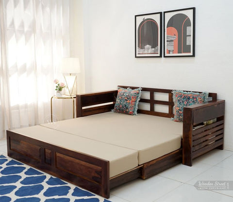 Feltro Sheesham Wood Sofa Bed With Storage (King Size, Honey Irish Cream)
