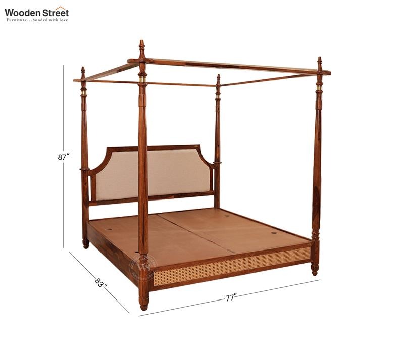 Samrat Sheesham Wood and Cane Upholstered Poster Bed Without Storage (King Size, Jade Ivory)