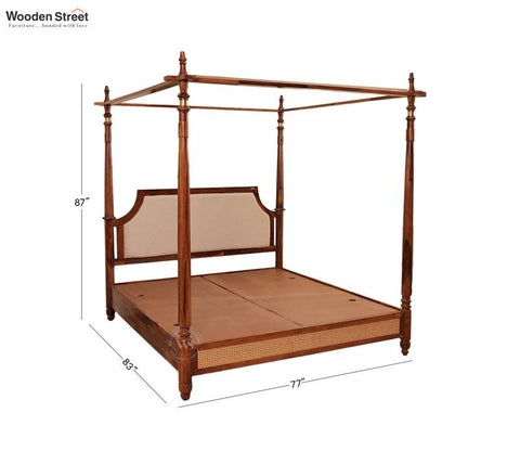 Samrat Sheesham Wood and Cane Upholstered Poster Bed Without Storage (King Size, Jade Ivory)