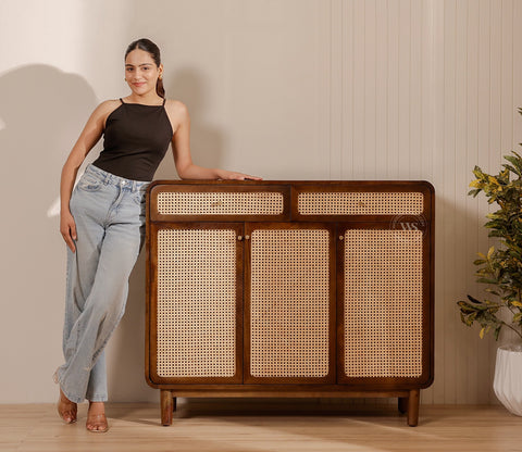 Dashlet Premium Solid Wood Shoe Cabinet With Cane Detailing (Mango Wood, Teak Finish)