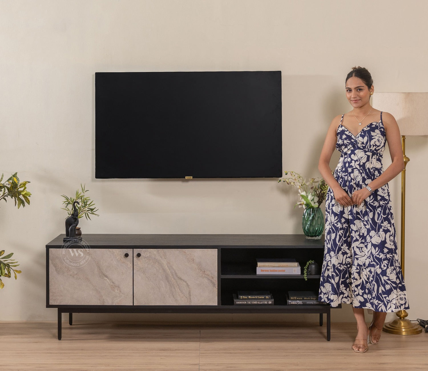 Orbis Modern Black TV Cabinet & Sideboard with Textured Front & Metal Base (Engineered Wood, Marble Pattern)