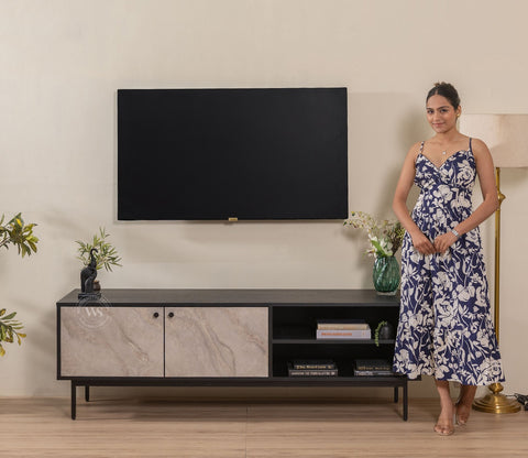 Orbis Modern Black TV Cabinet & Sideboard with Textured Front & Metal Base (Engineered Wood, Marble Pattern)