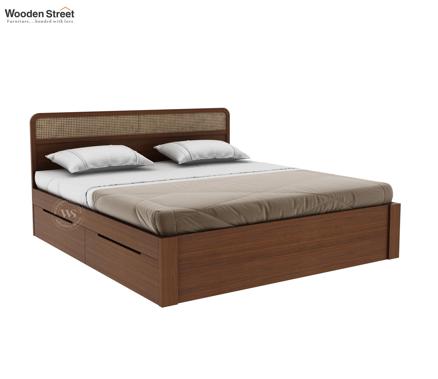 Balikos Ash Wood Bed with 4 Drawer Storage and Cane Detailing (King Size, Teak Finish)