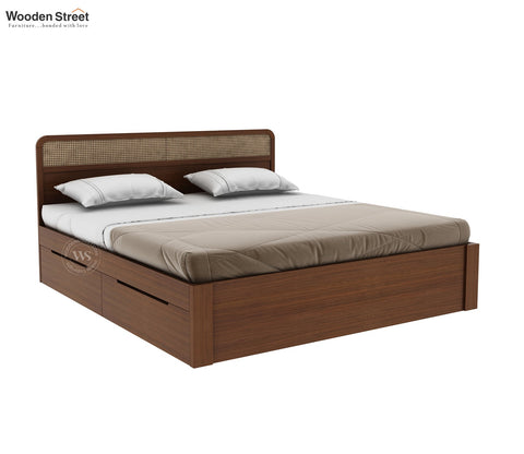 Balikos Ash Wood Bed with 4 Drawer Storage and Cane Detailing (King Size, Teak Finish)