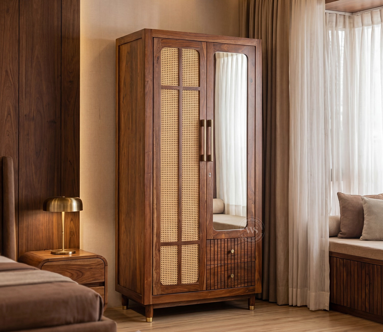Rida Sheesham Wood Wardrobe with Elegant Cane Detailing and Mirror (Teak Finish)