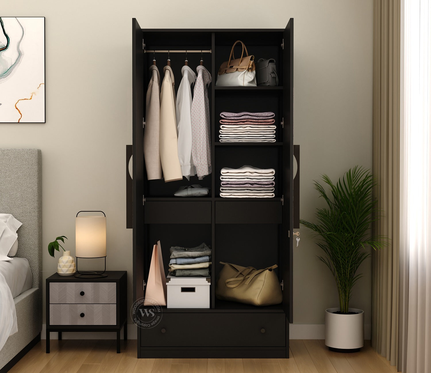 Avren Engineered Wood Wardrobe with Textured Front & Drawer Storage (Chevron Pattern)