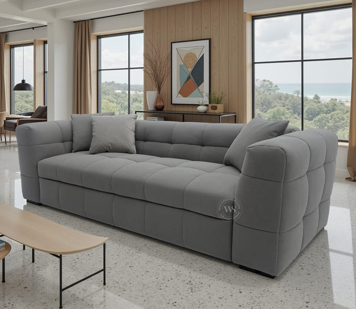 Cinnaro Modern Sofa Cum Bed with Pull Out Conversion and Tufted Design (Grey)