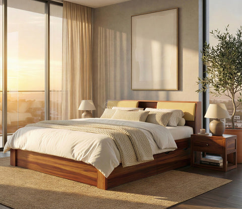 Walken Sheesham Wood Bed with Full Drawer Storage (King Size, Honey Finish)