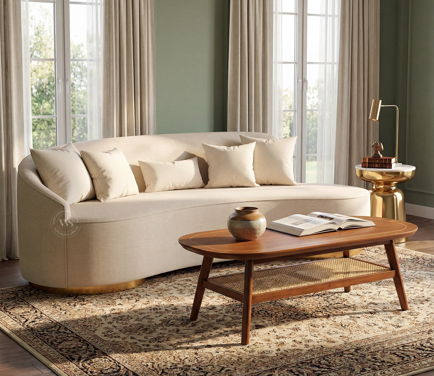 Osbert 3 Seater Curved Sofa (Cotton, Jade Ivory)