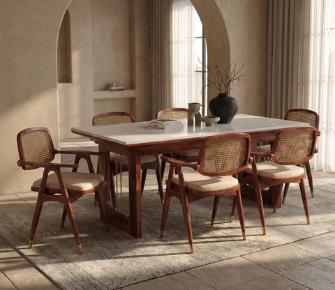 Shriyam Modern 6 Seater Sheesham Wood Dining Set with Mishaan Quartz Top Table and Adira Chair with Cane and Brass Accents (Teak Finish)