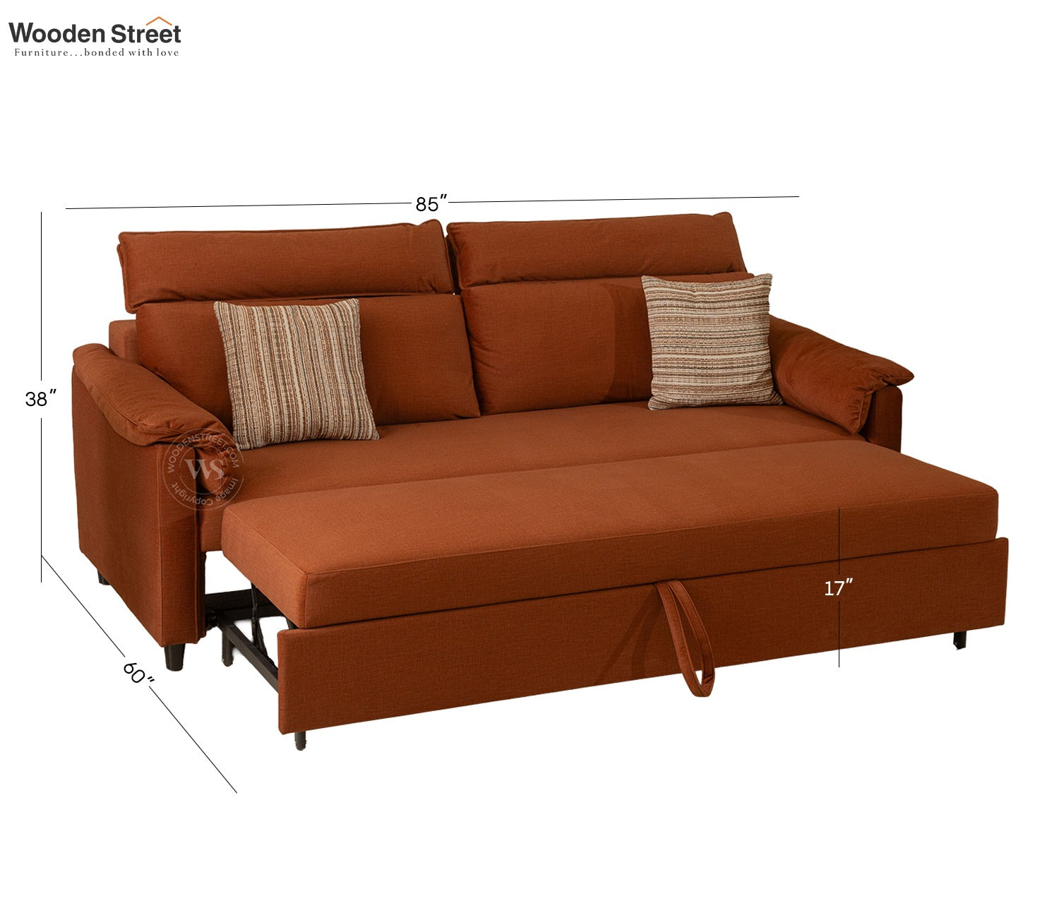 Bruna 3-Seater Convertible Sofa Cum Bed | Pull-Out Mechanism | Adjustable Backrest | Premium Fabric Upholstery | Space-Saving Design (Orange)