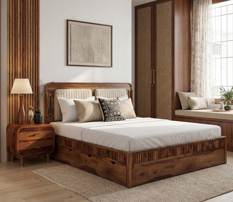 Lotus Premium Sheesham Wood Bed with Drawer Storage (Queen Size, Teak Finish)