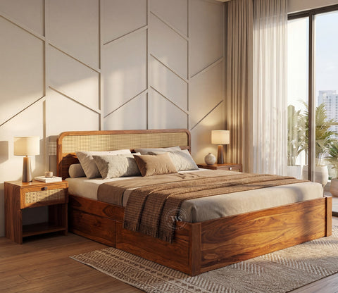Balikos Sheesham Wood Bed with Drawer Storage and Cane Detailing (Queen Size, Teak Finish)