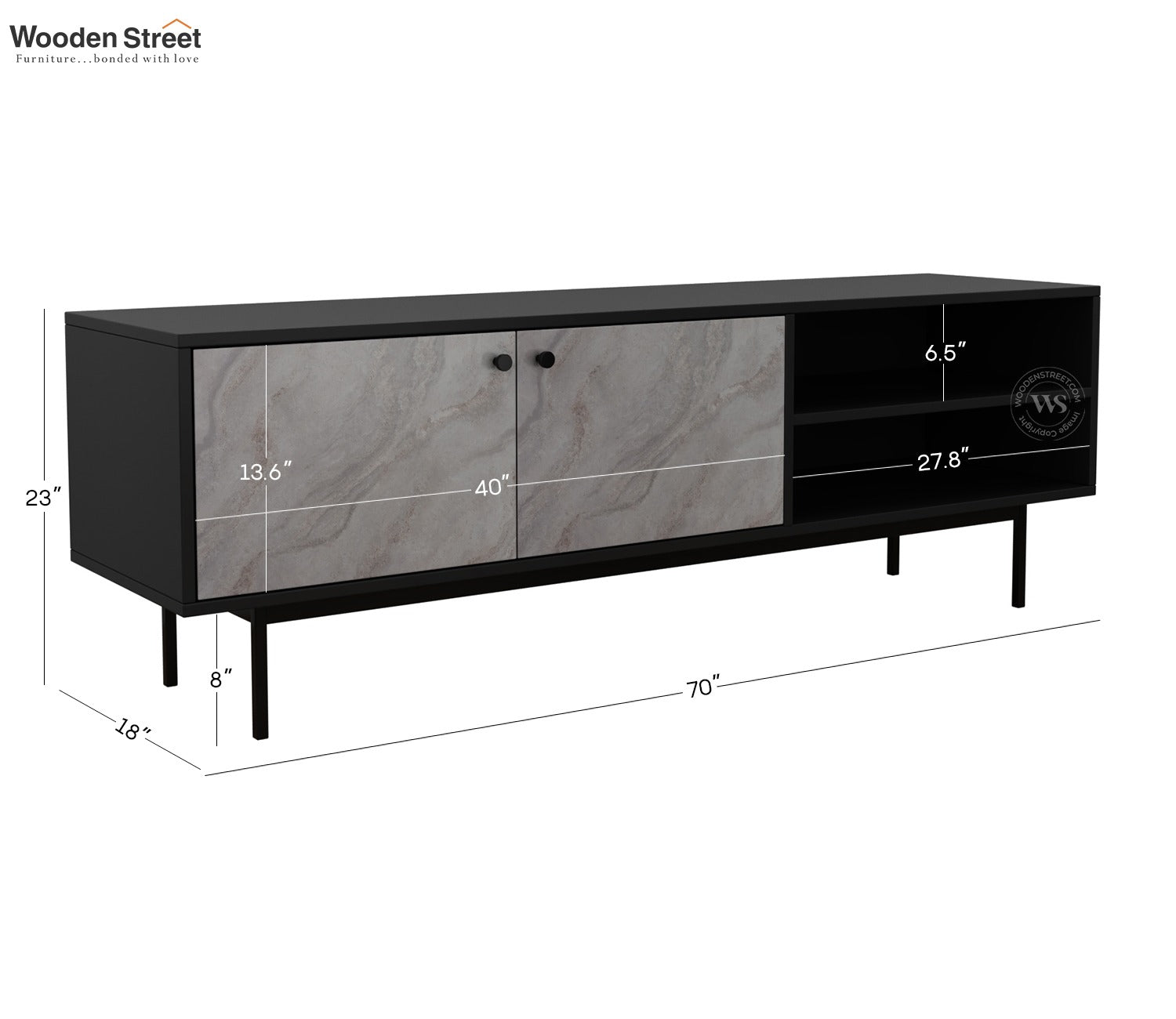 Orbis Modern Black TV Cabinet & Sideboard with Textured Front & Metal Base (Engineered Wood, Marble Pattern)