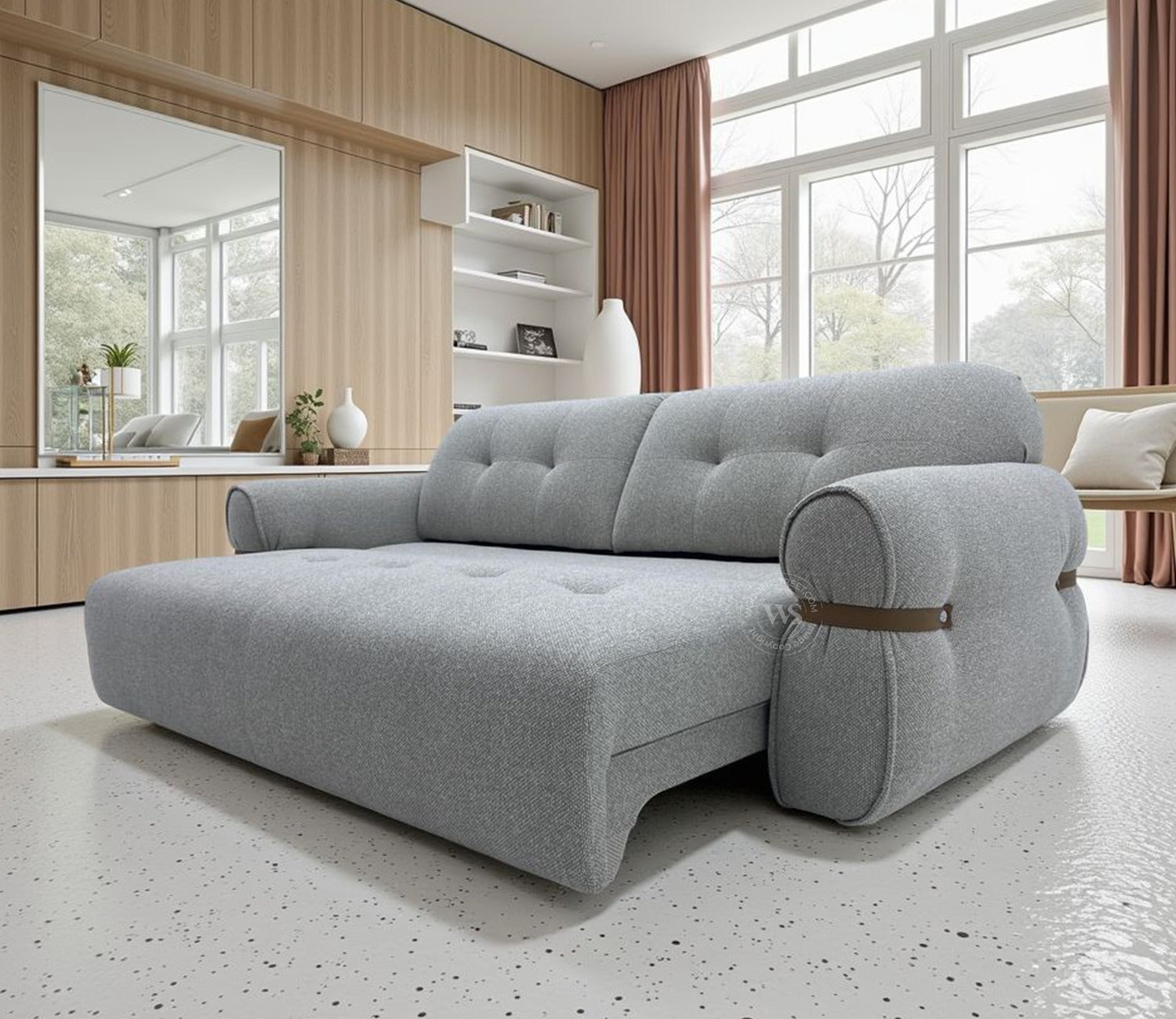 Reva 3-Seater Electric Sofa Cum Bed | Motorized Conversion Mechanism | Fabric Upholstery (Light Grey)