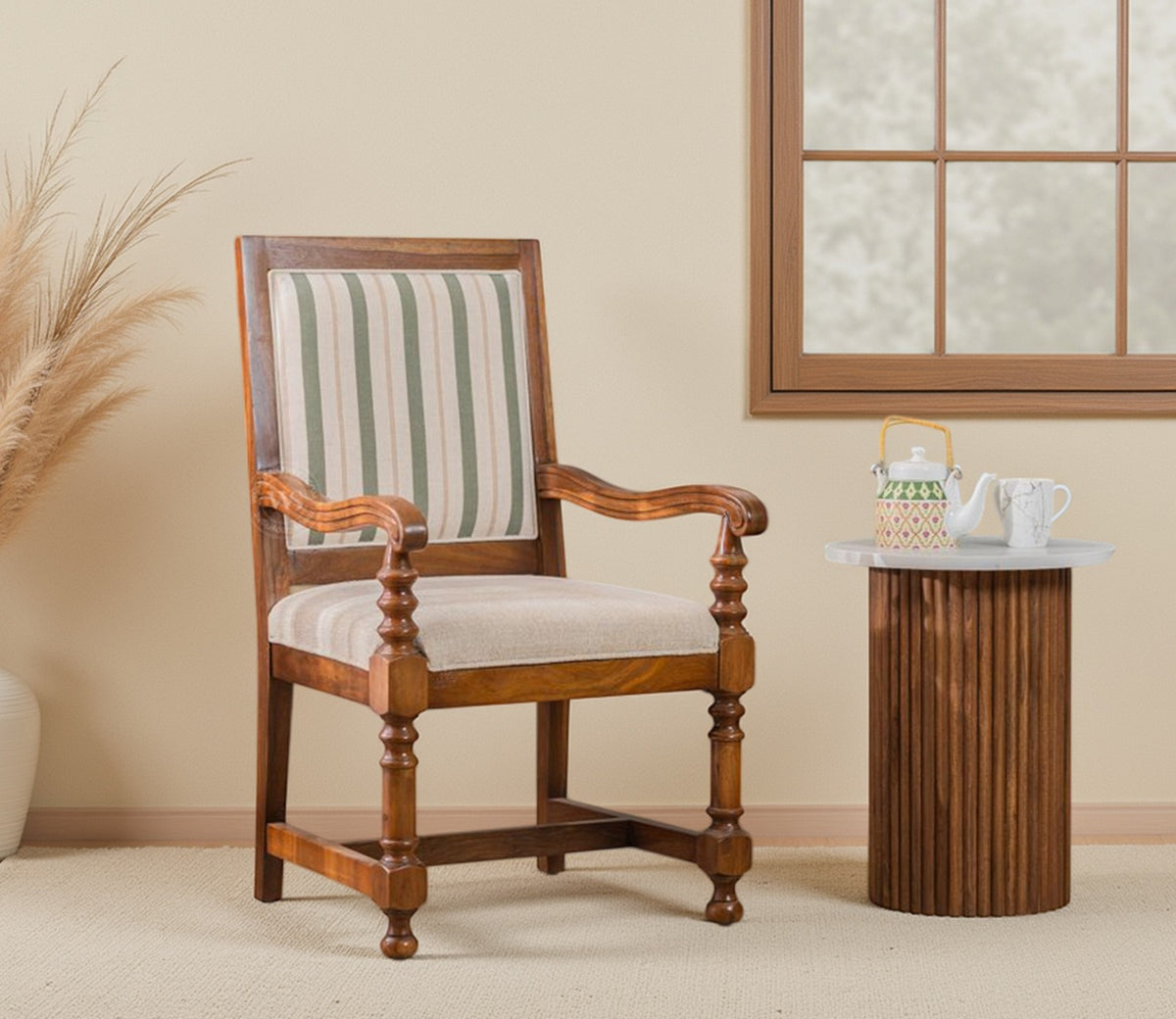 Udaya Sheesham Wood Arm Chair (Green Stripe, Teak finish)