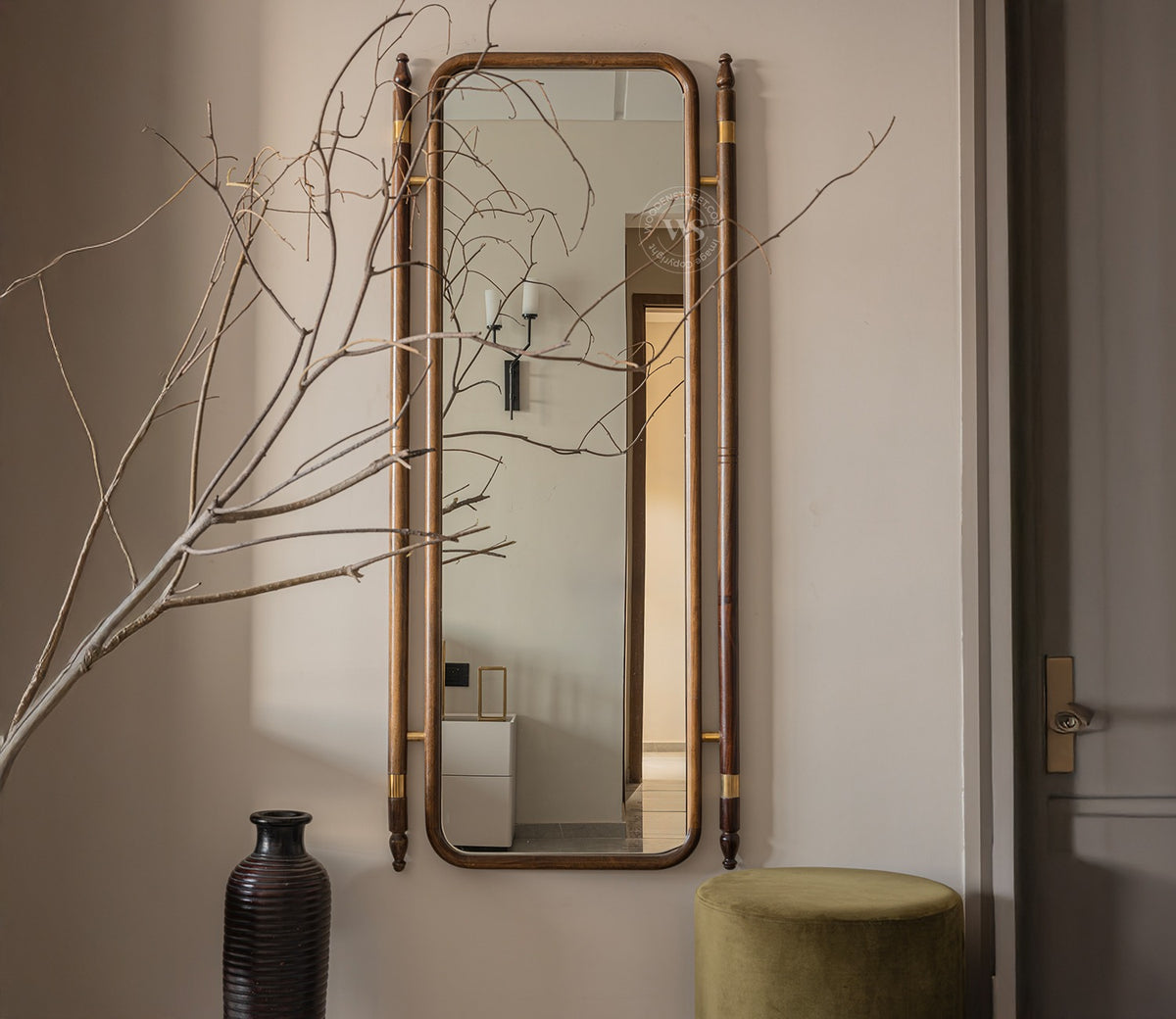 Skyler Antique Sheesham Wood Full Length Mirror With Brass Design (Walnut Finish)