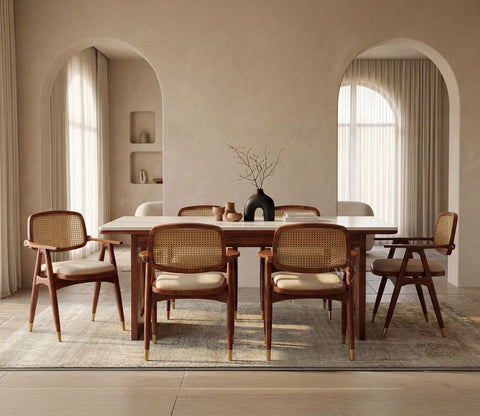 Shriyam Modern 6 Seater Sheesham Wood Dining Set with Mishaan Quartz Top Table and Adira Chair with Cane and Brass Accents (Teak Finish)