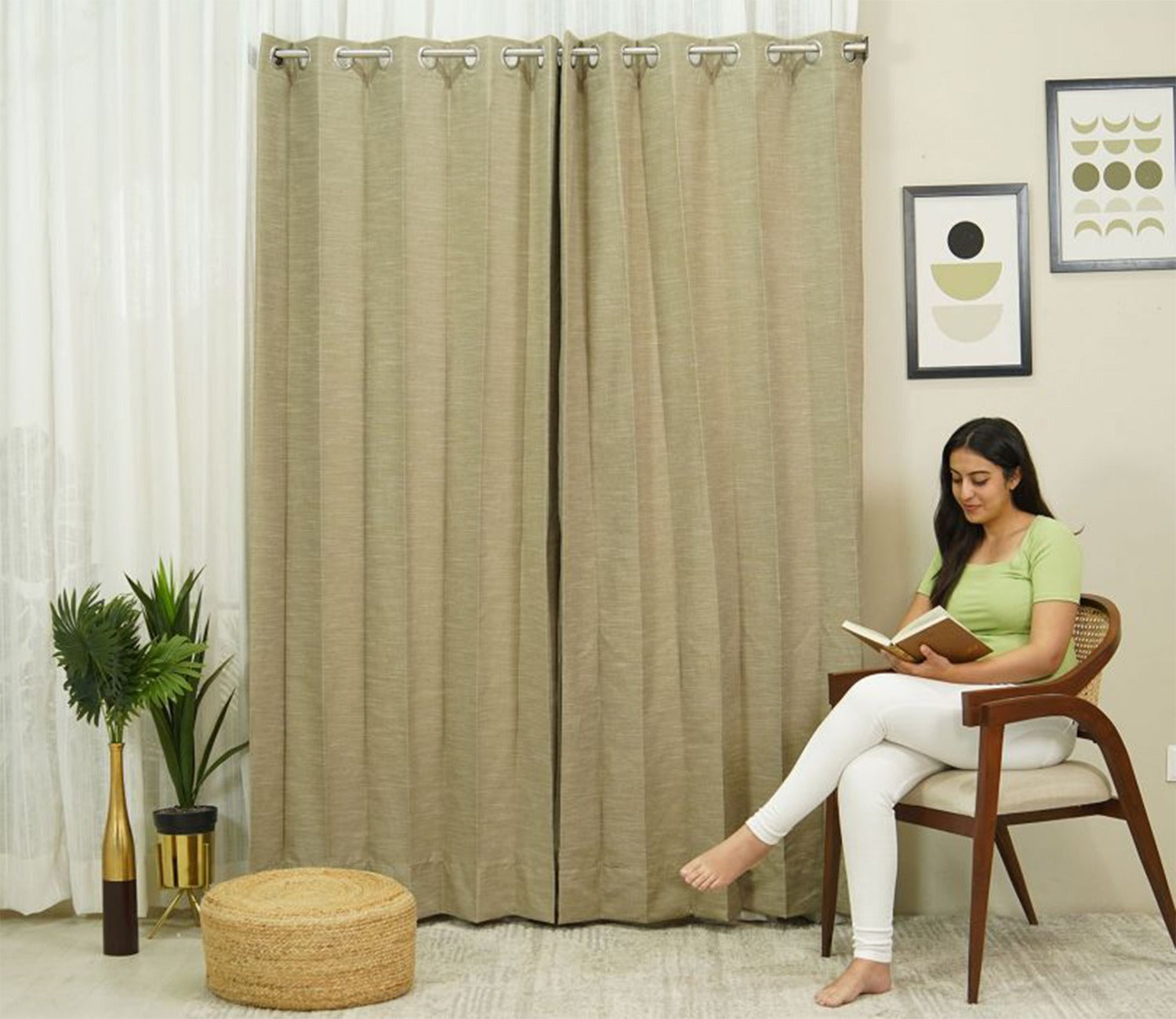 Solid Line Textured 1 Piece Light-Filtering Door Curtains (Beige, 7 Feet)