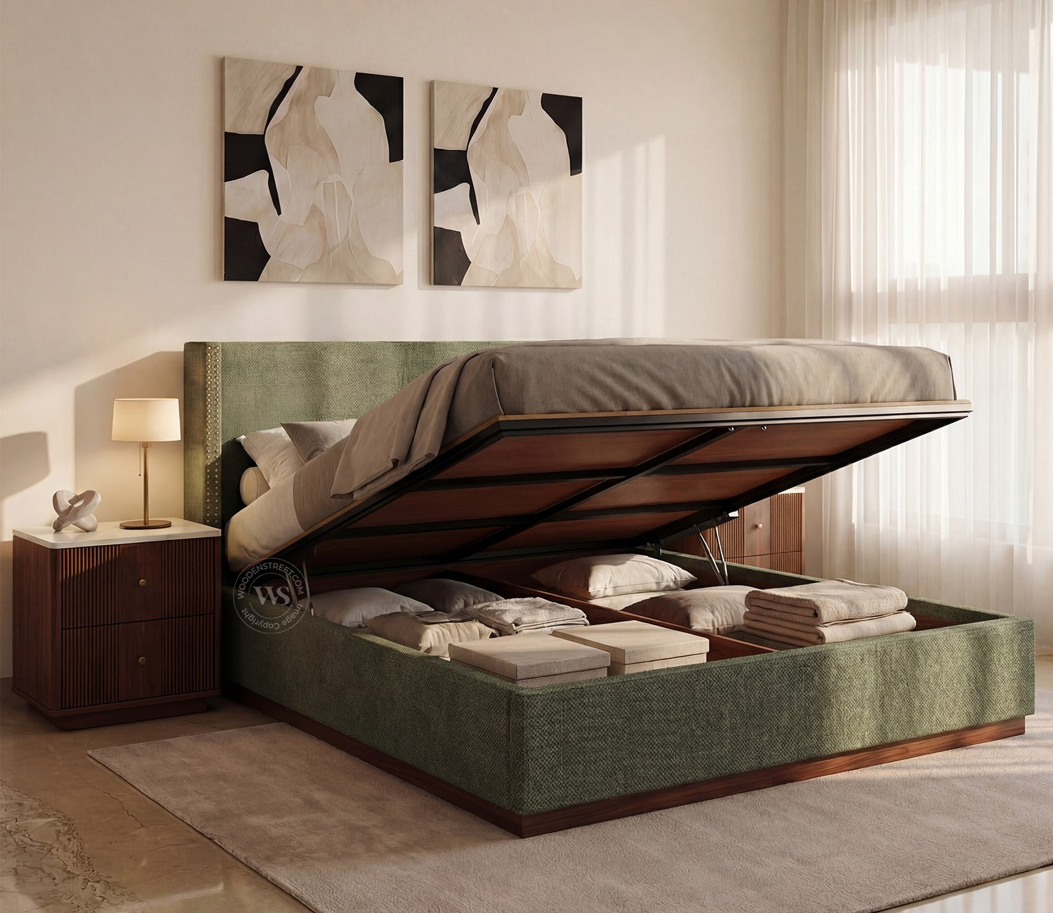 Kesarth Luxe Upholstered Hydraulic Storage Bed with High-Rise Headboard (Queen Size, Sage Green)