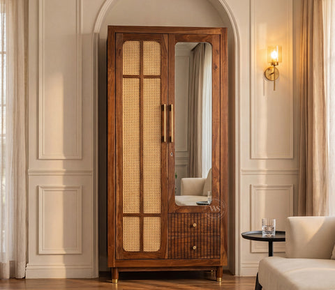 Rida Sheesham Wood Wardrobe with Elegant Cane Detailing and Mirror (Teak Finish)