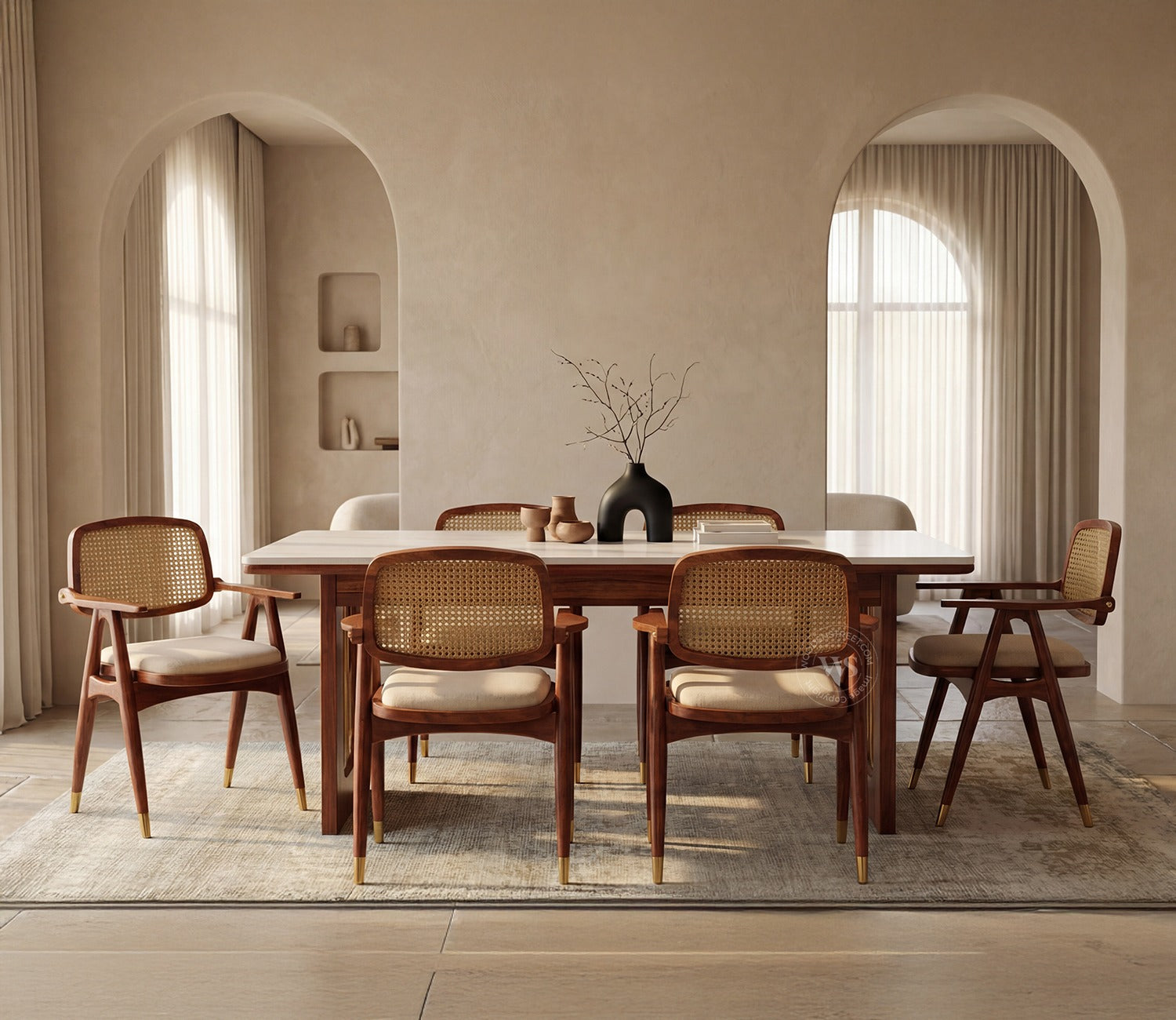 Shriyam Modern 6 Seater Sheesham Wood Dining Set with Mishaan Quartz Top Table and Adira Chair with Cane and Brass Accents (Teak Finish)