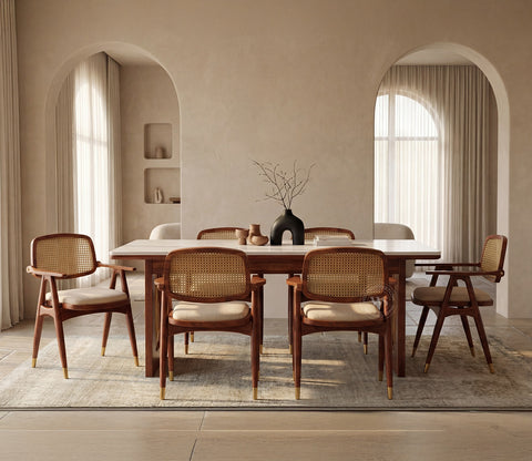 Shriyam Modern 6 Seater Sheesham Wood Dining Set with Mishaan Quartz Top Table and Adira Chair with Cane and Brass Accents (Teak Finish)