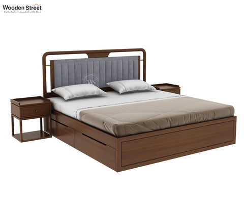 Anvay Ash Wood Bed With Upholstered Headboard and Drawer Storage (King Size, Sand Grey, Teak Finish)